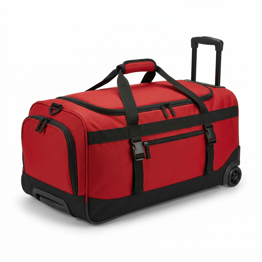 A photorealistic studio product image of the red and black Bugatti rolling duffle bag from the left.