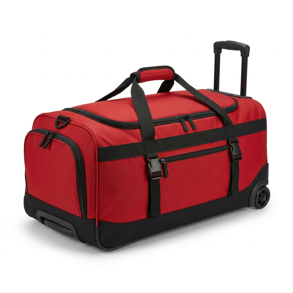 A photorealistic studio product photo of the red Bugatti K&B Sport Traveller Rolling Duffle Bag, angled to show the right side, centered on a pure white background with a soft natural shadow. The image excludes all packaging and text.