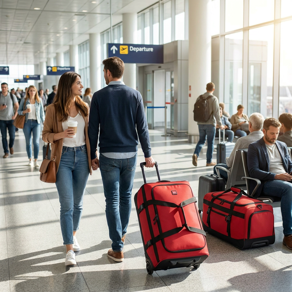 A couple walks through a busy airport terminal, pulling the red Bugatti K&B Sport Traveller rolling duffle bag.