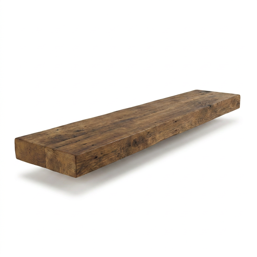 A photorealistic studio photograph of a solid wood, live-edge floating shelf in medium walnut wood, floating on a pure white background with a soft shadow. The shelf is angled to show its left side and top surface.