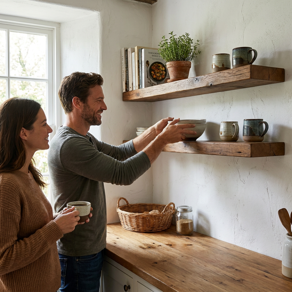A photorealistic lifestyle photograph showing a couple in a rustic kitchen, with the man placing a ceramic bowl on a medium walnut Entrepot La Grange inc Solid Wood Shelf.