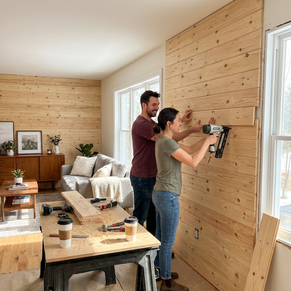 A couple smiles as they install the 'Natural' Entrepot La Grange pine wall planks in a sunlit living room renovation.