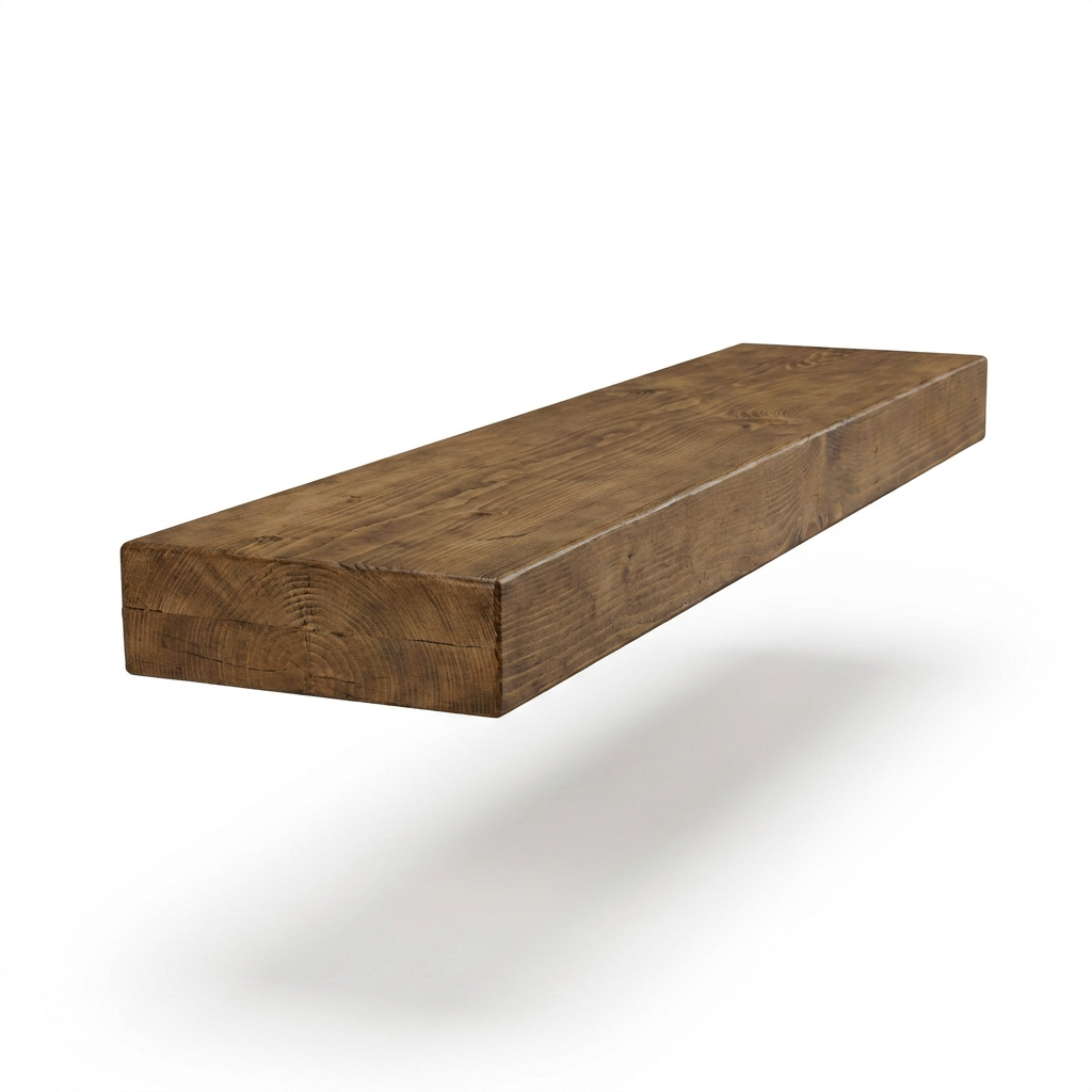 A photorealistic studio photograph of the medium walnut solid wood shelf from Entrepot La Grange inc, angled to show its left side and centered on a white background with a soft shadow.