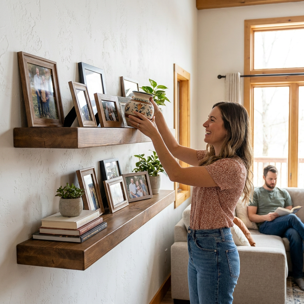 A woman arranges a ceramic vase on a solid wood floating shelf decorated with picture frames and plants. Another man is on a sofa in the background. The room is sunlit and cozy.