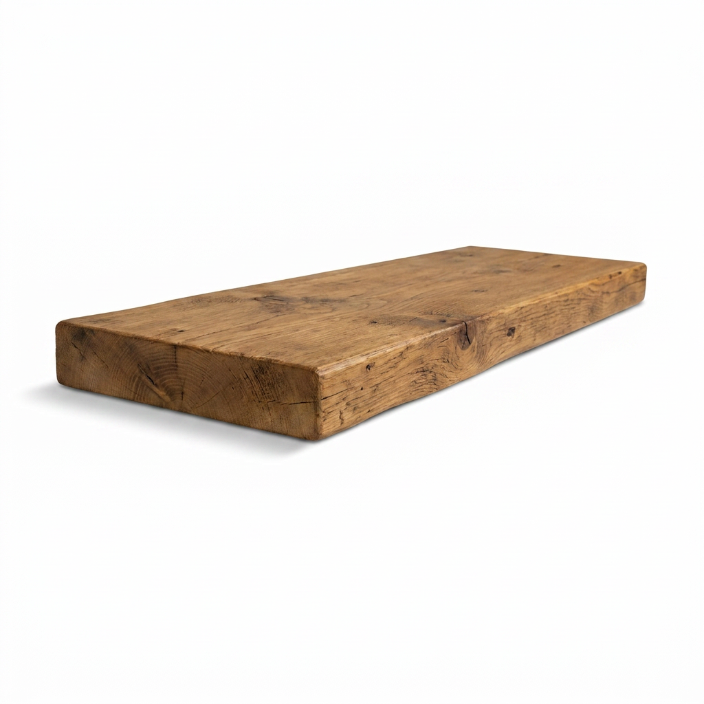 A photorealistic studio photo of the angled Entrepot La Grange honey solid wood shelf on a white background.