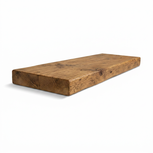A photorealistic studio photo of the angled Entrepot La Grange honey solid wood shelf on a white background.