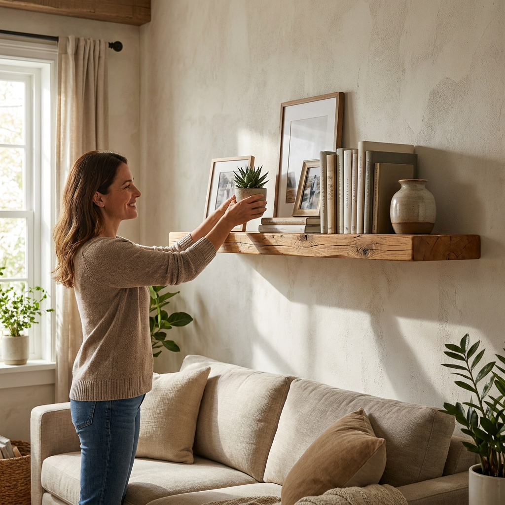A woman places a potted plant on the Entrepot La Grange solid wood shelf, which is decorated with frames and books in a sunlit living room.