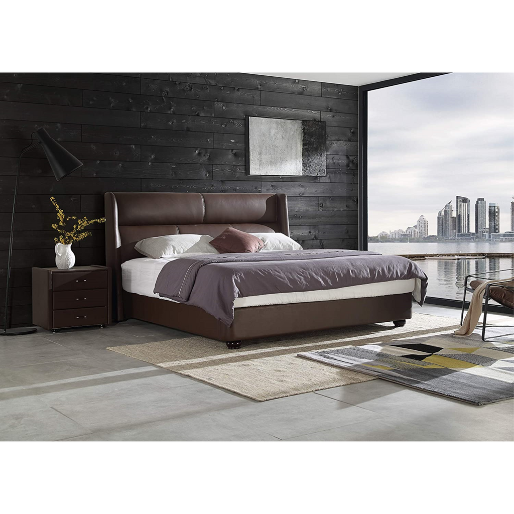 Modern bedroom featuring a textured black wood decorative wall panel behind a brown leather bed.