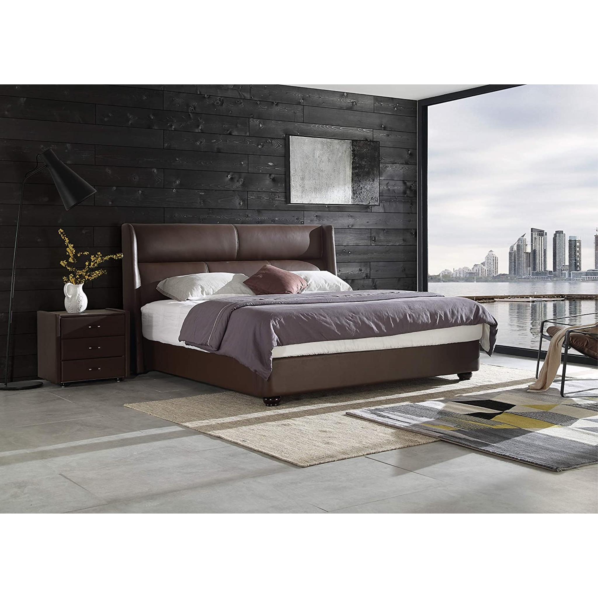 Modern bedroom featuring a textured black wood decorative wall panel behind a brown leather bed.