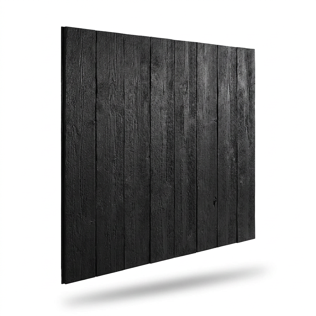 A studio photograph of a panel of black, textured wood wall paneling angled on a white background.