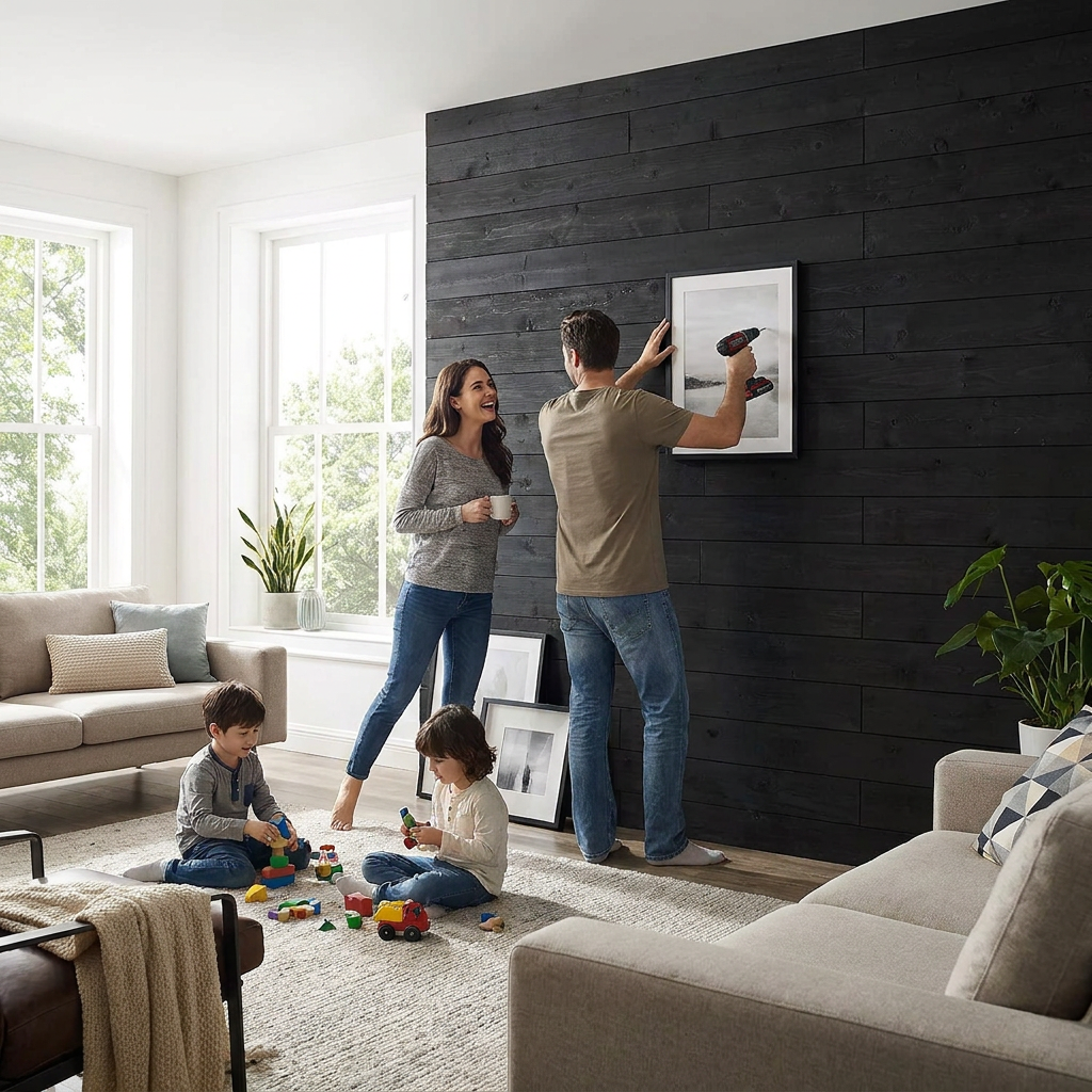 A family of four in a bright living room where the father is hanging a picture on the dark wood plank accent wall.