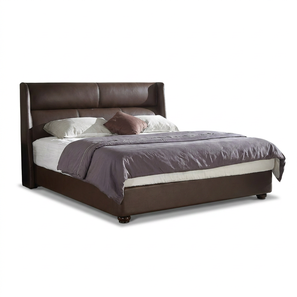 A studio product photograph of the Entrepot La Grange brown leather bed frame, angled from the right on a white background with a soft shadow.