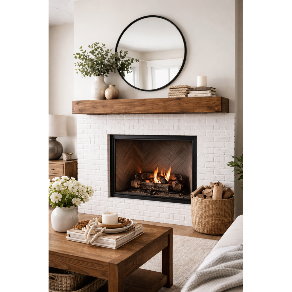 60-inch floating wood fireplace mantel in medium walnut over a white brick hearth with a round mirror.