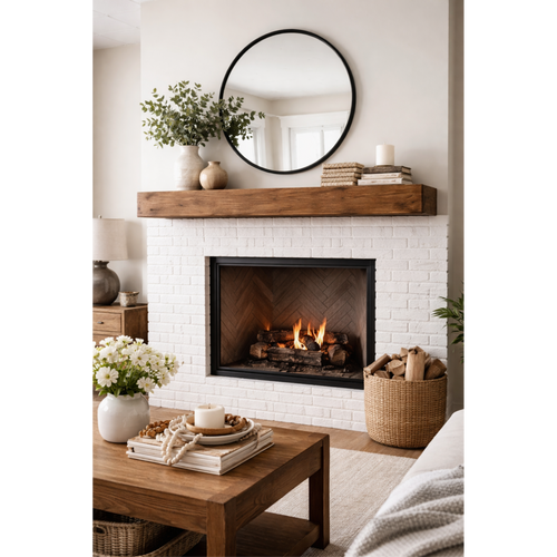 60-inch floating wood fireplace mantel in medium walnut over a white brick hearth with a round mirror.