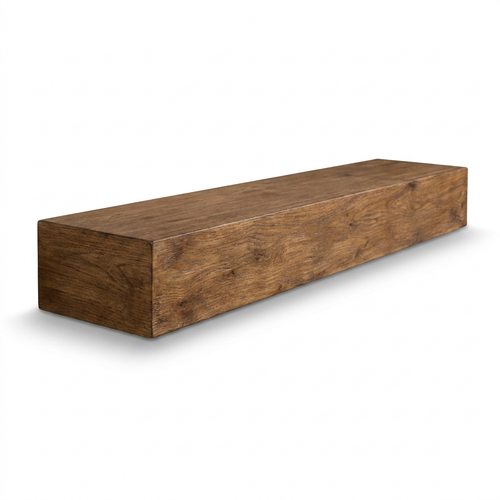 A photorealistic studio product shot of the Entrepot La Grange medium walnut floating beam mantel on a white background, angled left with a soft shadow.