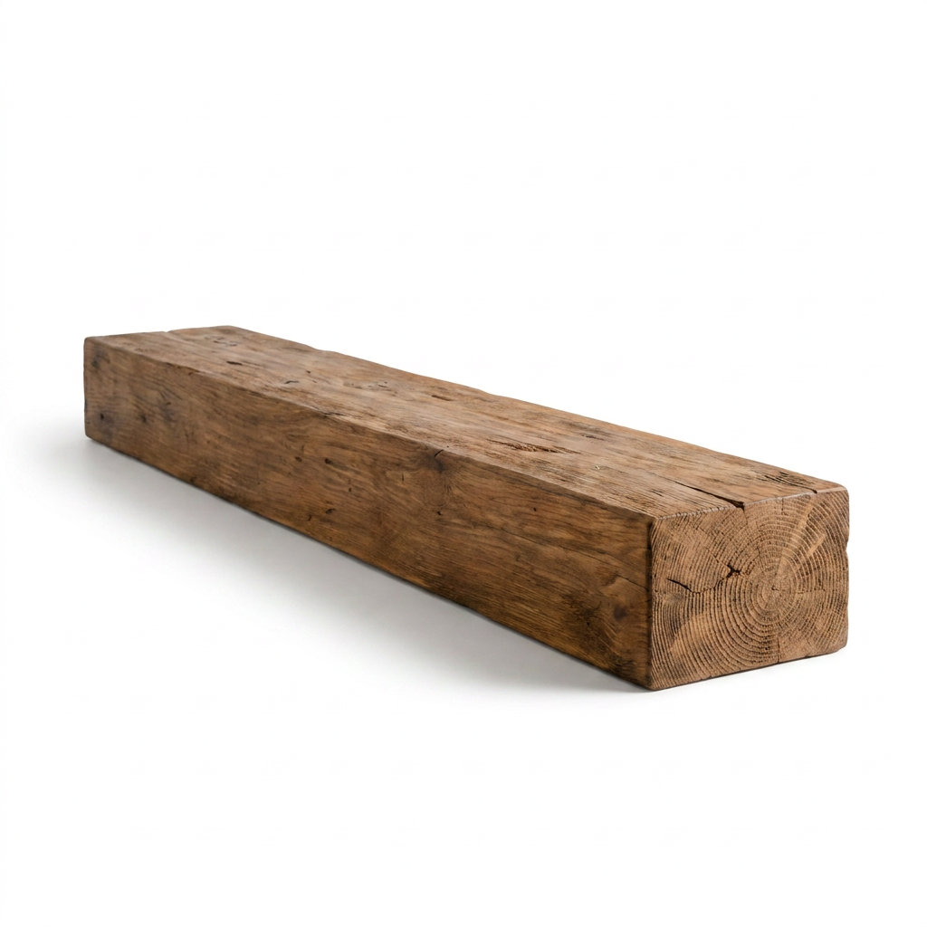 A photorealistic studio product photograph of the Entrepot La Grange inc Floating Beam Fireplace Mantel in medium walnut, centered on a white background. The beam is angled to show its texture on the right side, with no props or packaging.