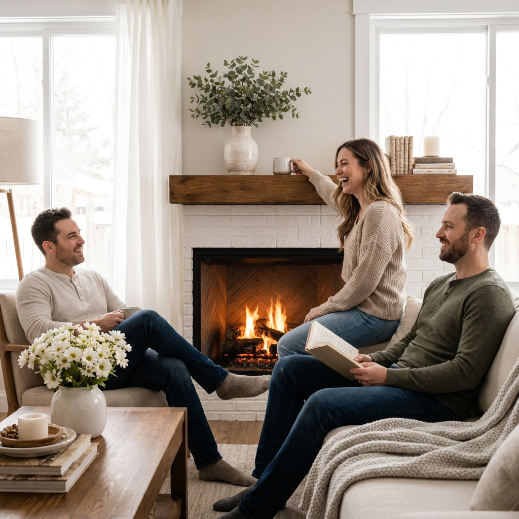 A happy family and a friend laugh together in a cozy living room, enjoying the warmth of a fire under the Entrepot La Grange floating beam mantel.