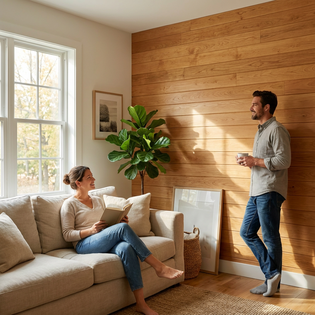 A lifestyle photo of a couple in a sunlit living room, enjoying the warm, honey-toned wood wall paneling seen in image_0.png, which covers a feature wall.