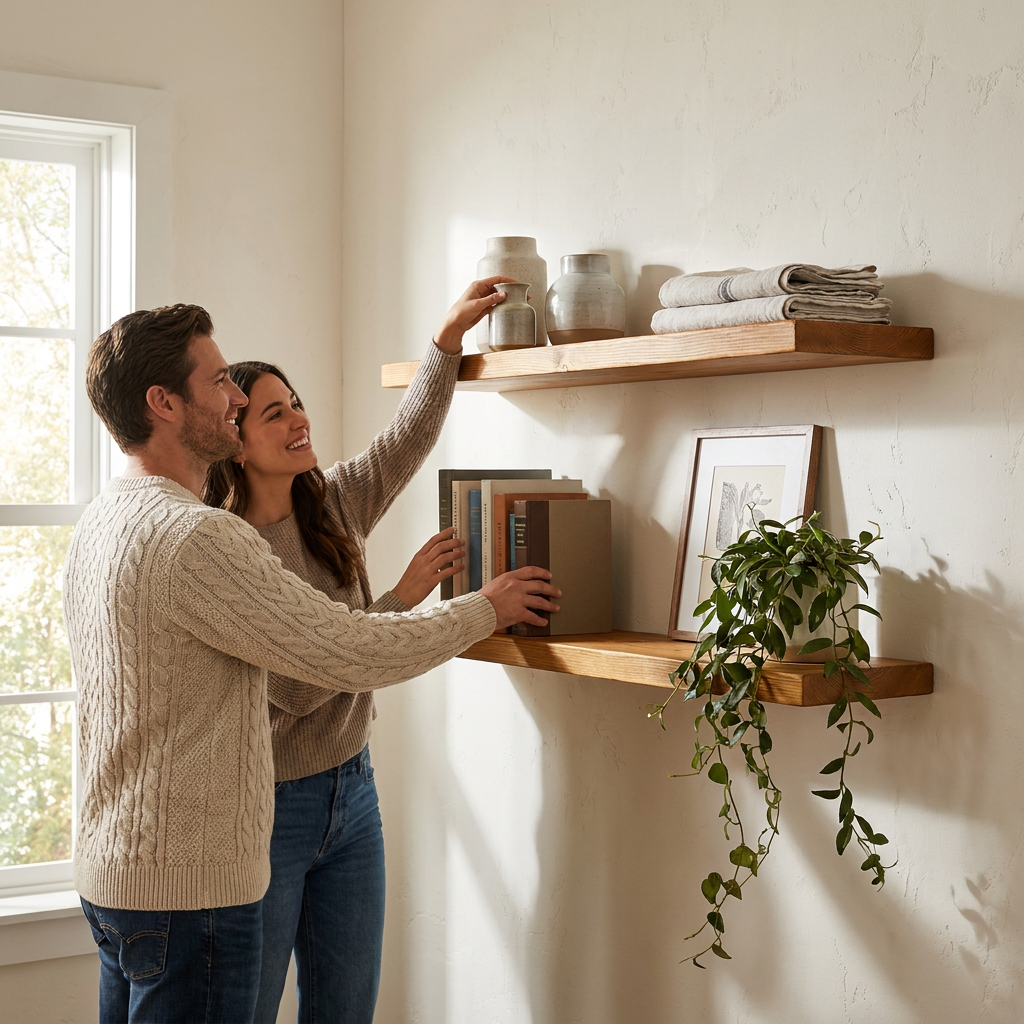 A couple arranges decor on two long, honey-finished wood shelves, an accurate depiction of the Entrepot La Grange inc product, in their rustic-style living room. Natural light from a window illuminates the scene.