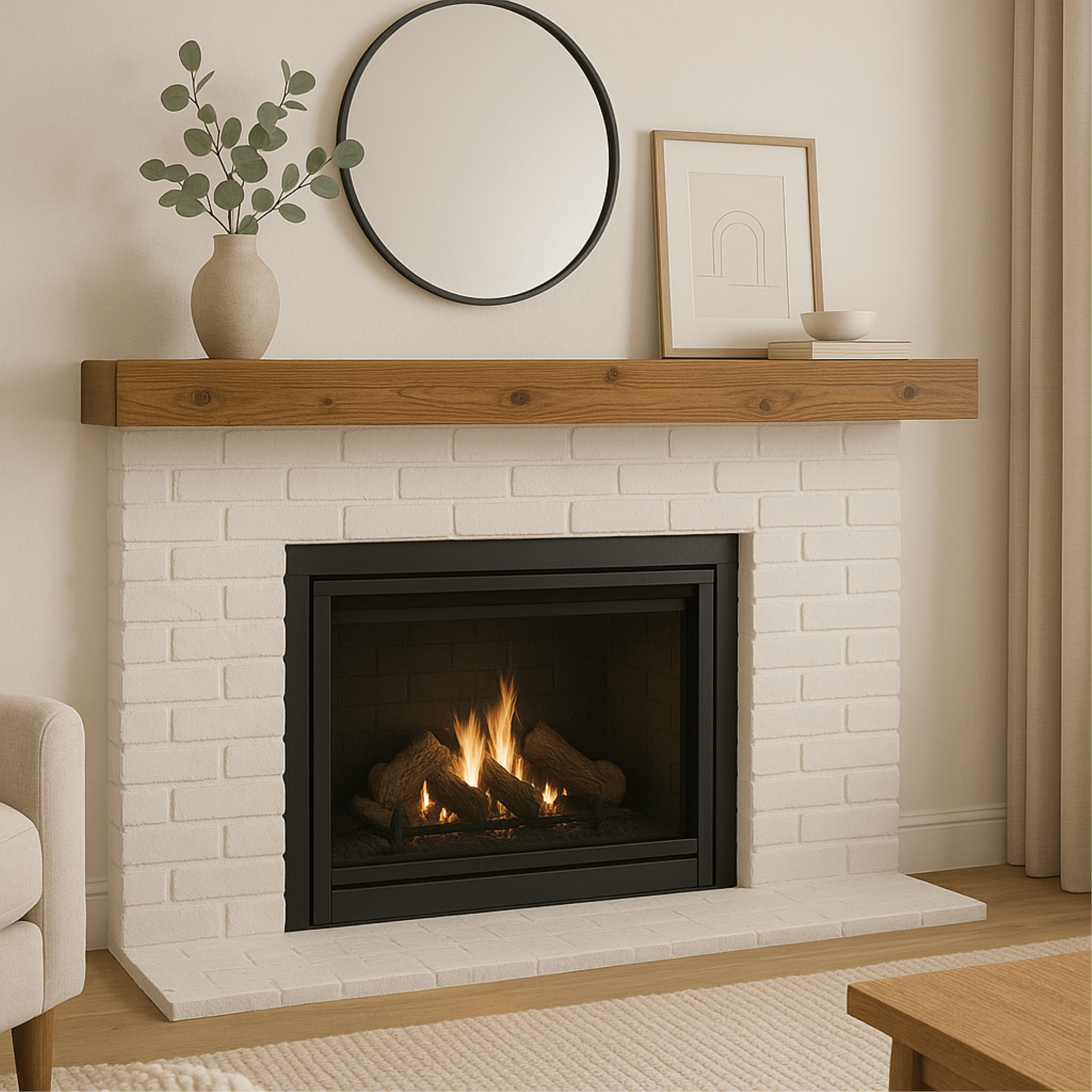 60-inch whiskey brown floating wood fireplace mantel on a white brick fireplace with decor.