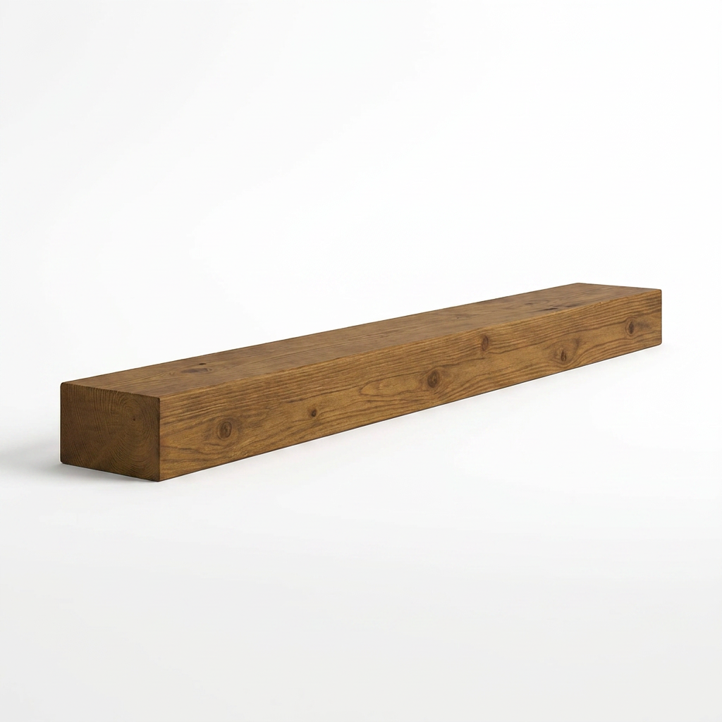 A studio photo shows the Entrepot La Grange floating wood mantel in Whiskey Brown, angled to the left on a pure white background with a soft shadow. The rough-hwn wood grain is clearly visible.