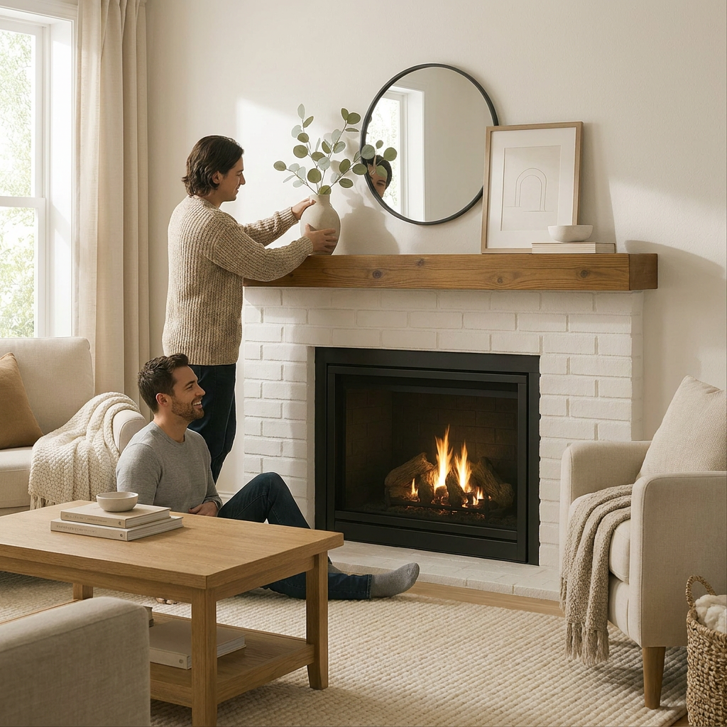 A photorealistic lifestyle photo of a cozy living room where a couple is using the Entrepot La Grange floating beam fireplace mantel, which is decorated with a vase, art, and mirror.