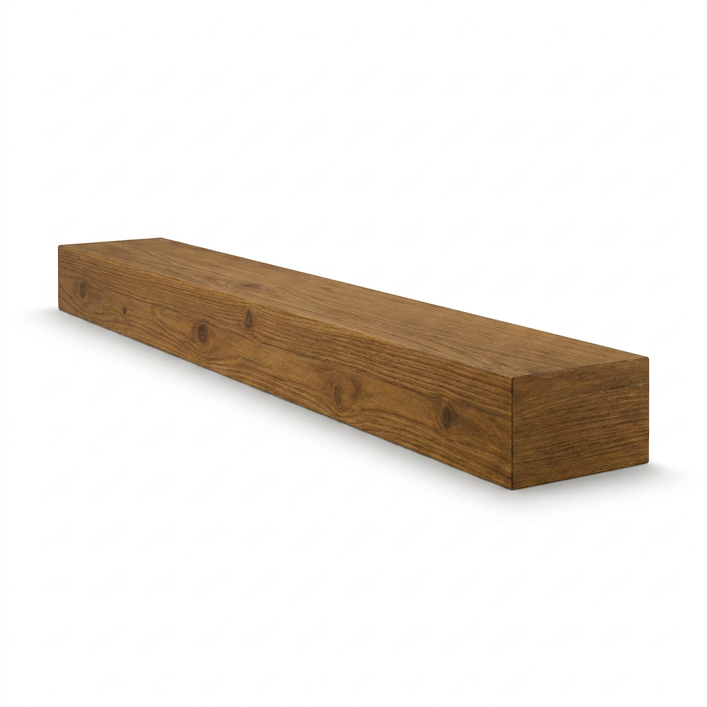 A photorealistic studio product photo of the whiskey brown wood floating beam fireplace mantel, angled to show its right side and top on a white background with a soft shadow.