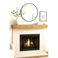 72-inch floating beam fireplace mantel in honey wood finish on a white brick fireplace.