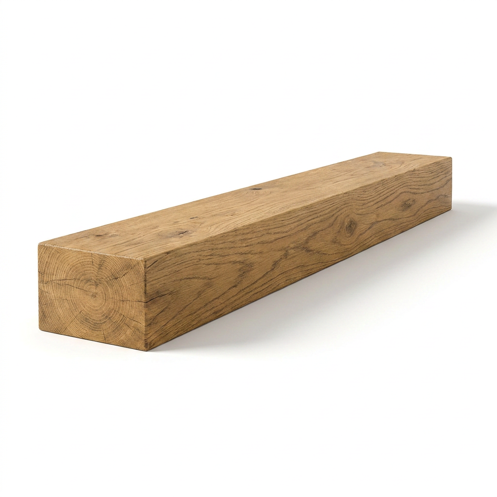 A studio product photo of the Entrepot La Grange inc Floating Beam Fireplace Mantel 72 x 5 x 7 Honey. The weathered wood beam is angled from the left on a pure white background with a soft shadow.