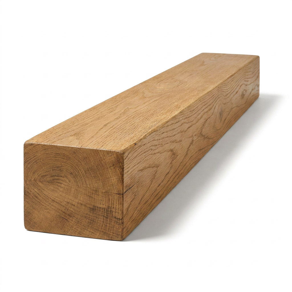 Photorealistic studio product photograph of the Entrepot La Grange Floating Beam Fireplace Mantel, a long rectangular wood beam with rich honey stain and oak grain, angled to the right on a pure white background.
