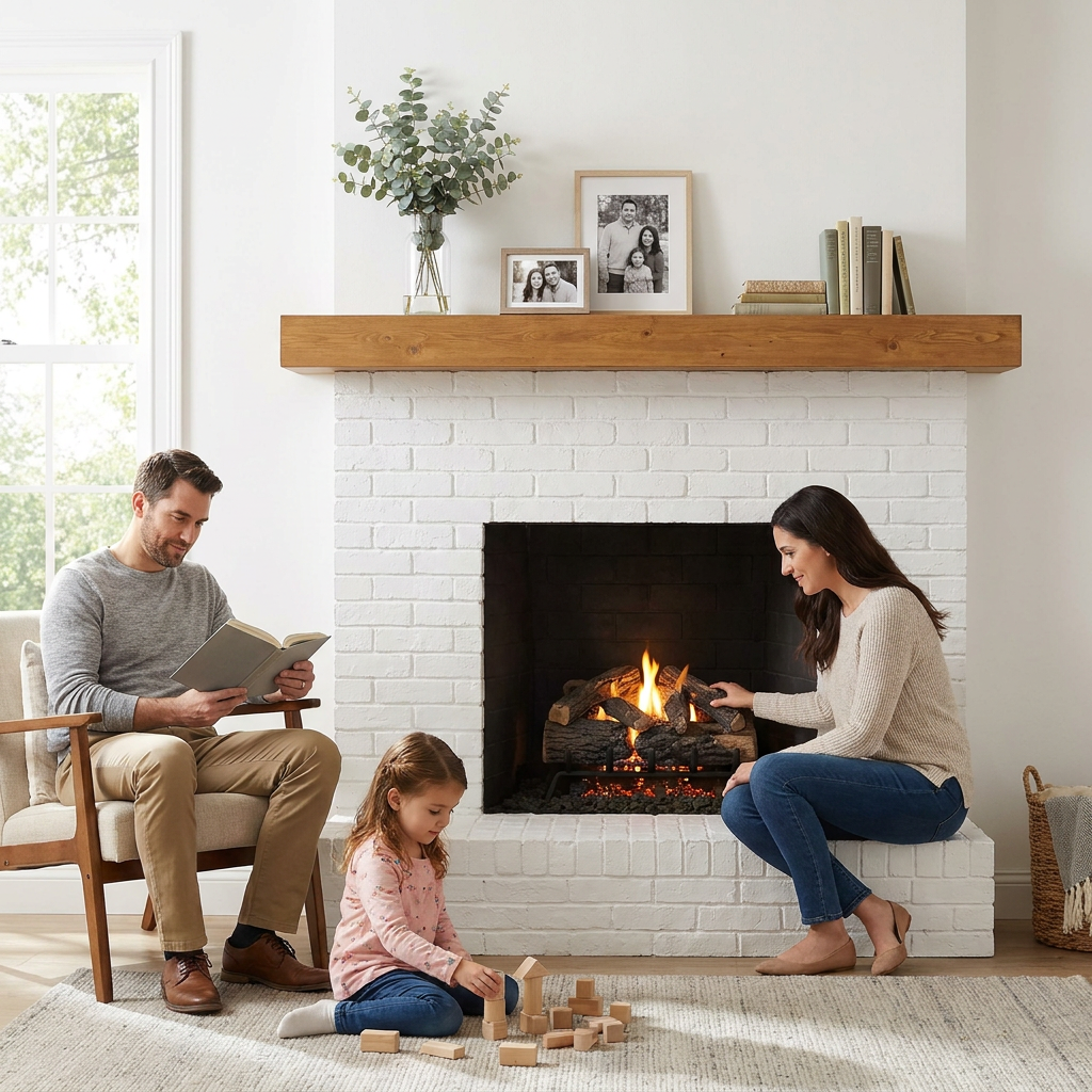 A family of three enjoys their living room with the Entrepot La Grange honey wood mantel over a white brick fireplace.