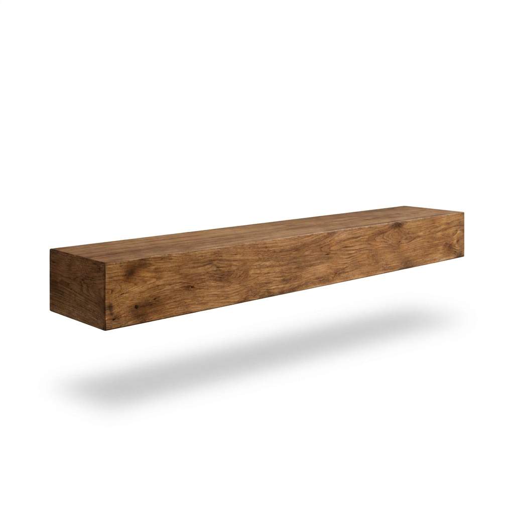 Studio product photo of the Medium Walnut Floating Beam Fireplace Mantel, angled left on white.