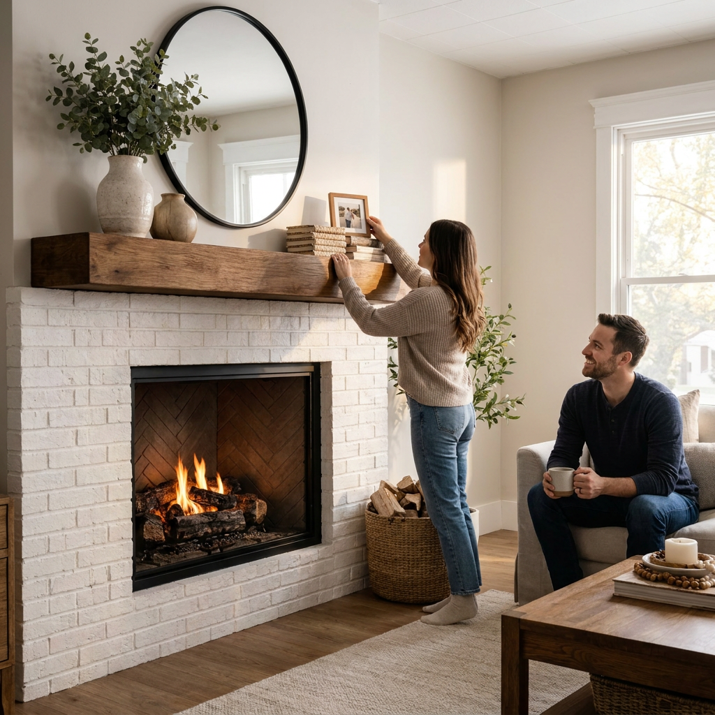 A couple in a cozy living room with a white brick fireplace, featuring the Entrepot La Grange floating beam mantel.