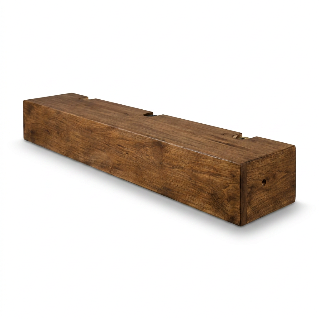 A studio product photograph of the Entrepot La Grange inc Floating Beam Fireplace Mantel in medium walnut, showing its right side on a pure white background.
