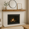 72-inch Whiskey Brown wood floating fireplace mantel on a white brick fireplace with decor.