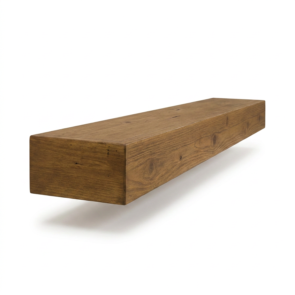 I've created the requested photorealistic studio product photo. The Entrepot La Grange inc Floating Beam Fireplace Mantel, with its exact Whiskey Brown finish, is shown at an angle on a pure white background with a soft natural shadow.