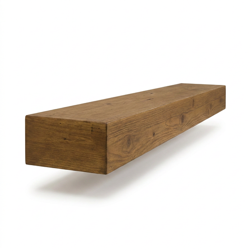 I've created the requested photorealistic studio product photo. The Entrepot La Grange inc Floating Beam Fireplace Mantel, with its exact Whiskey Brown finish, is shown at an angle on a pure white background with a soft natural shadow.