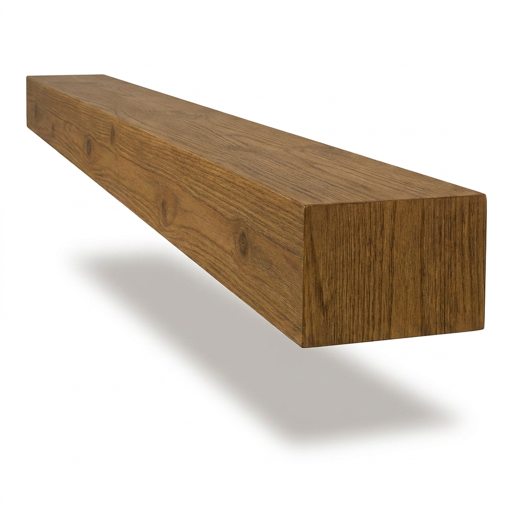 A photorealistic studio product photograph of the whiskey brown floating wood beam mantel, angled to show the right side on a pure white background with a soft shadow beneath it.