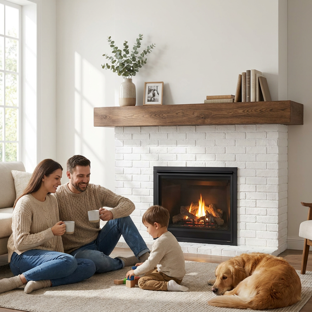 A lifestyle photorealism of a family in a bright living room, enjoying coffee near a white brick fireplace with the Entrepot La Grange Inc. Whiskey Brown floating beam mantel. The mantel is styled with a vase, books, and a photo. Natural light streams in from a large window.