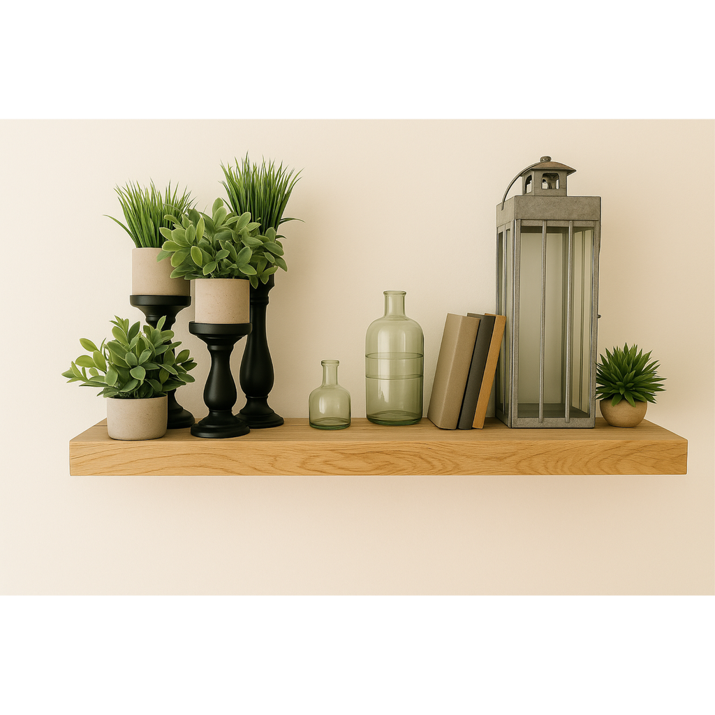 Honey floating wood shelf decorated with green plants, glass bottles, and a lantern.