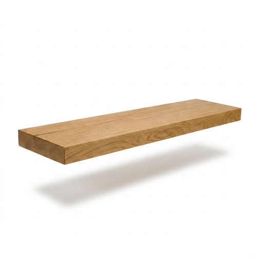 A photorealistic studio product photo of the honey wood floating shelf, angled to show the left side and floating on a pure white background with a soft shadow.