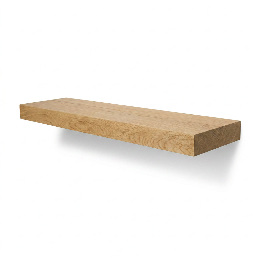 A studio photograph of the isolated Entrepot La Grange inc Shelf Floating 36X8X2, matching the wood and color in the reference image. It is angled to show the right side, centered on a pure white background with a soft shadow beneath it.