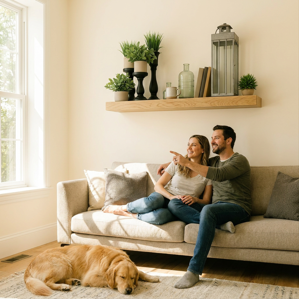 A couple sits on a couch, pointing at a floating shelf filled with plants and decor.<ctrl46>