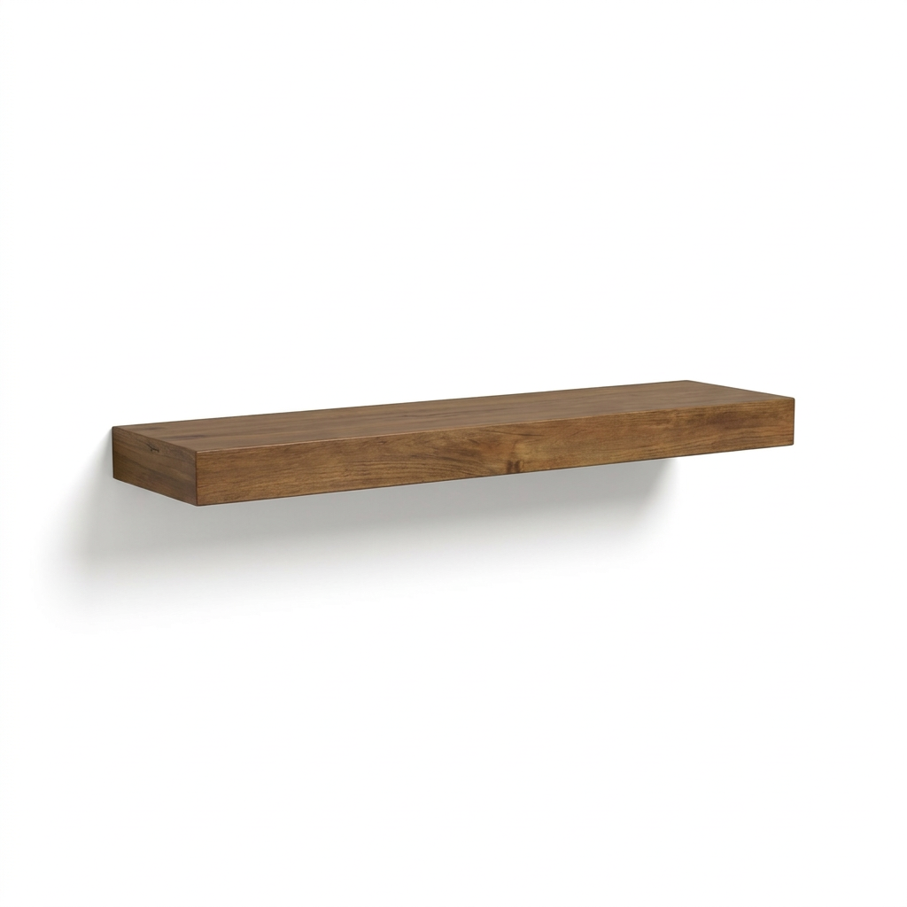 A photorealistic studio product photograph of the Entrepot La Grange inc. floating wooden shelf in Medium Walnut, angled left on a pure white background with a soft shadow.