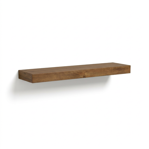 A photorealistic studio product photograph of the Entrepot La Grange inc. floating wooden shelf in Medium Walnut, angled left on a pure white background with a soft shadow.