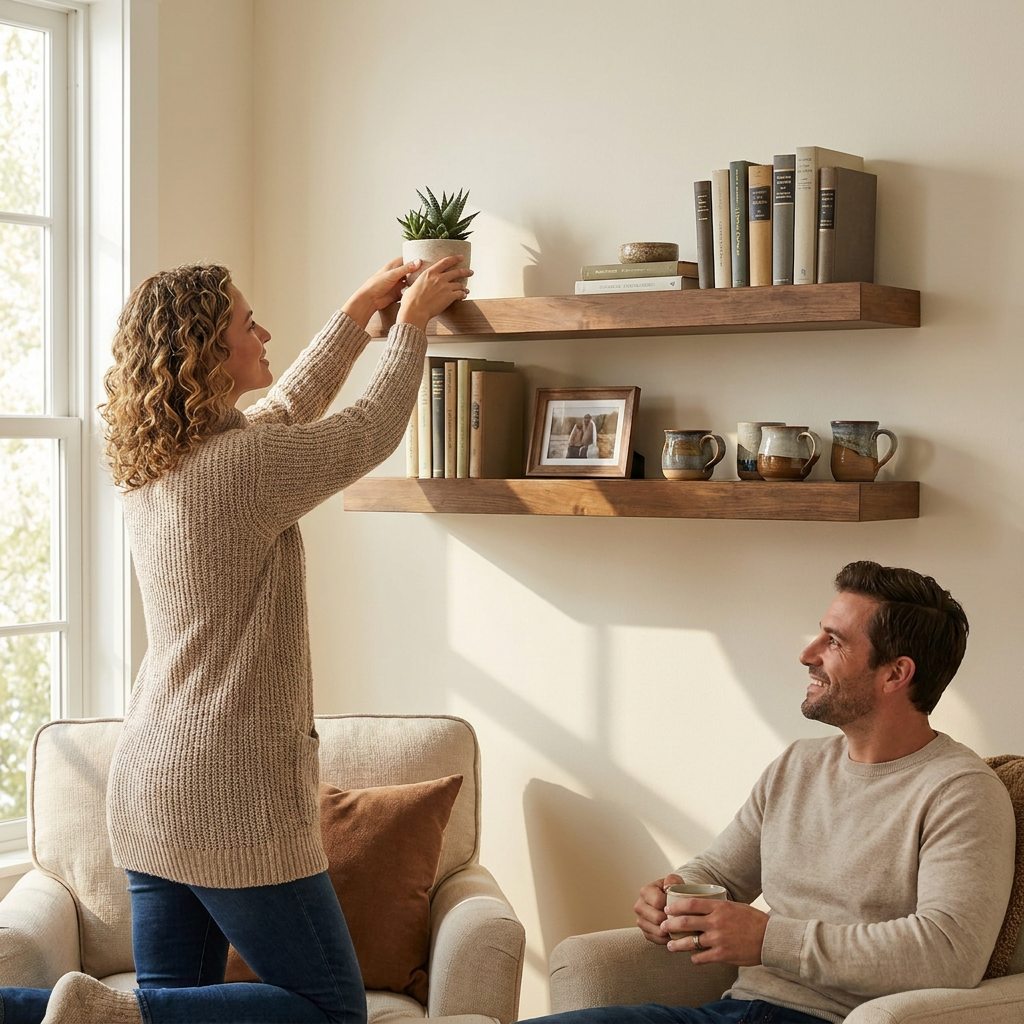 A couple in a sunlit living room uses the medium walnut floating shelves from the image to display books and decor, creating a warm, trusted home environment.