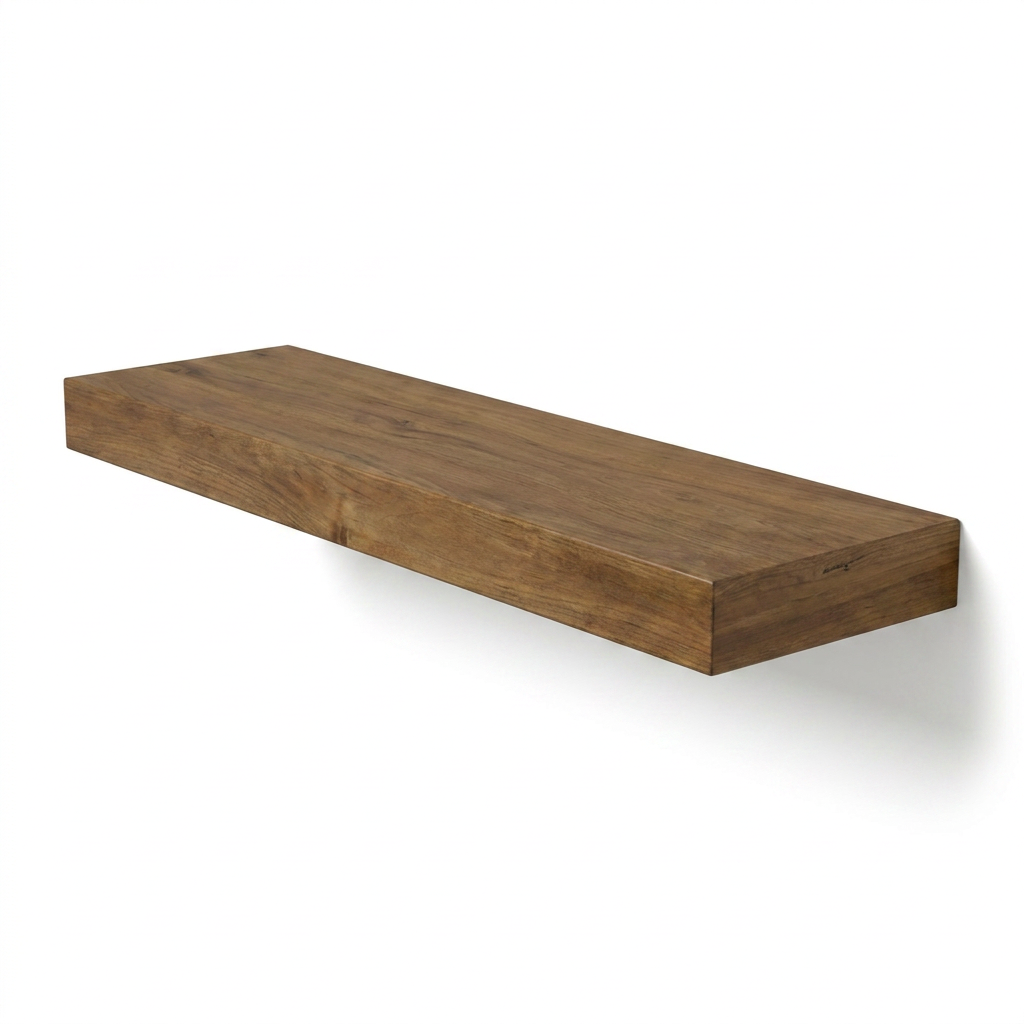 A photorealistic studio photograph captures the medium walnut floating shelf from the right side, highlighting its grain and depth as it casts a soft shadow on the pure white background.