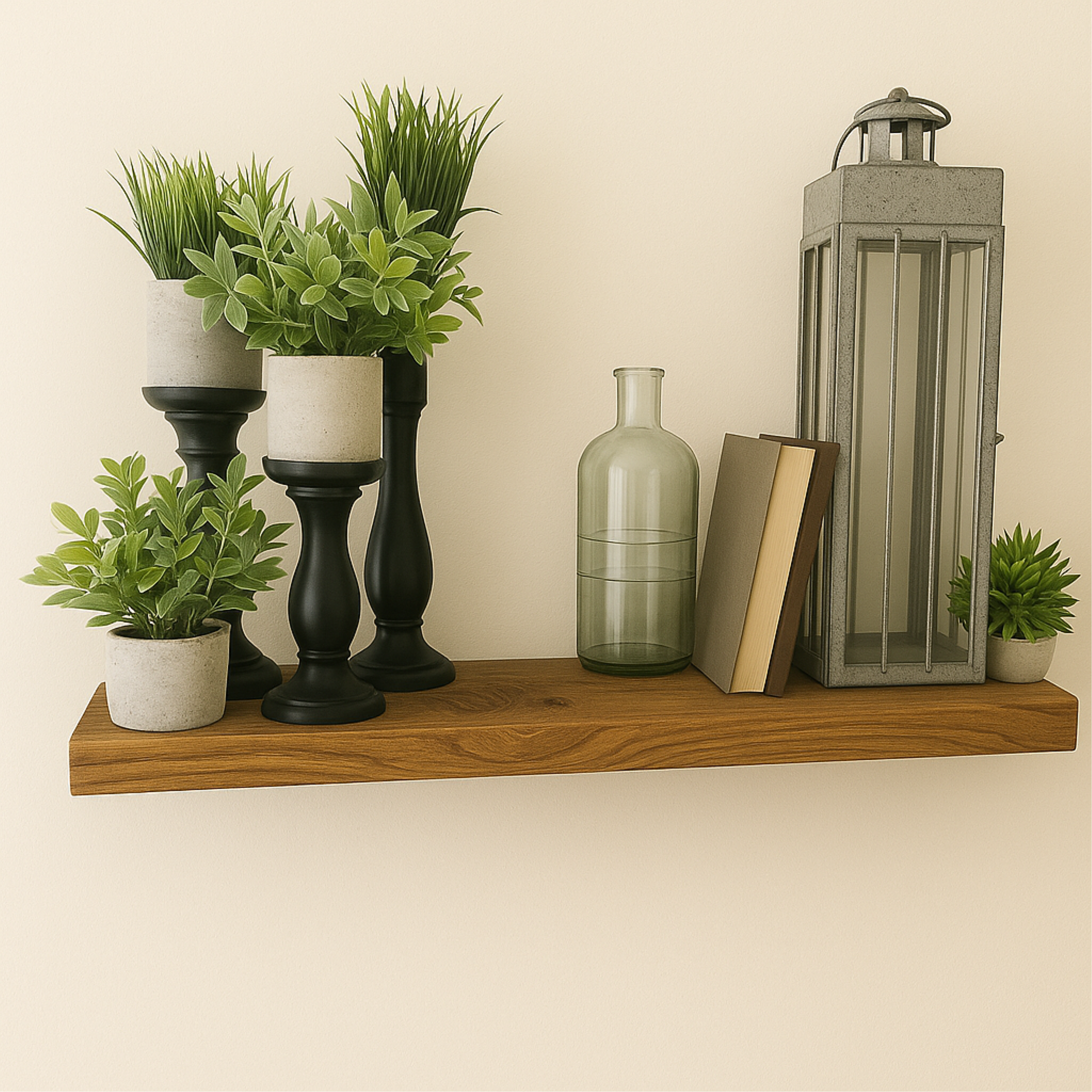 Whiskey brown solid wood floating shelf decorated with potted plants, books, and a lantern.