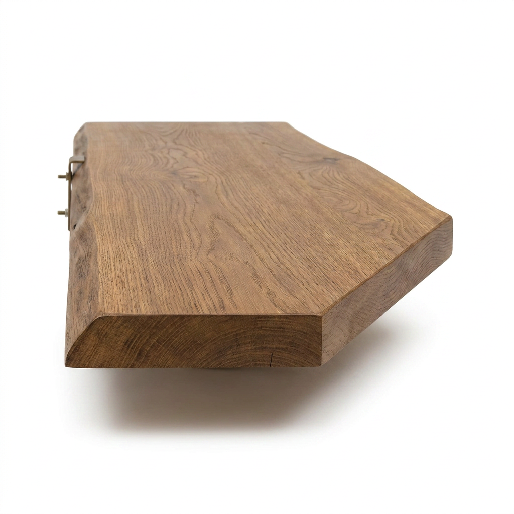 Angled view of the Entrepot La Grange inc whiskey brown live edge floating shelf.