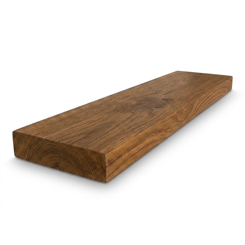 A photorealistic studio view of a whiskey brown wood floating shelf, angled to show the right side, on a pure white background with a soft natural shadow.